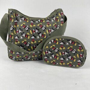 Disney Mickey Mouse Zipper Shoulder Purse With Matching Cosmetic Bag Green Nylon